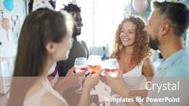  Presentation with intercultural - Slide deck with happy young intercultural friends toasting with homemade drinks at birthday party background and a coral colored foreground