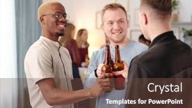  Presentation with intercultural - Slide deck consisting of happy-young-intercultural-men-clinking background and a tawny brown colored foreground