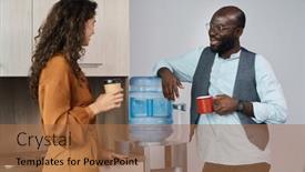  Presentation with water gallon - Presentation theme with happy-young-intercultural-office-workers background and a coral colored foreground