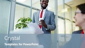  Presentation with intercultural - Presentation theme featuring happy young intercultural professionals interacting during work in office background and a teal colored foreground