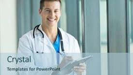  Presentation with intern - Slide set consisting of happy young intern doctor holding a clipboard background and a light blue colored foreground