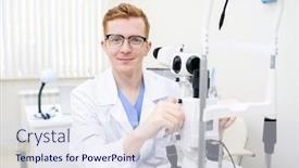  Presentation with intern - PPT theme with happy young intern in whitecoat and eyeglasses looking at you while using new ophthalmological equipment background and a sky blue colored foreground