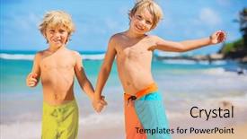  Presentation with siblings - Amazing theme having happy young kids playing at the beach on summer vacation siblings and best friends concept backdrop and a coral colored foreground