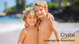  Presentation with siblings - Beautiful slides featuring happy young kids playing at the beach on summer vacation siblings and best friends concept backdrop and a coral colored foreground