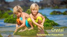  Presentation with siblings - Theme with happy young kids playing at the beach on summer vacation siblings and best friends concept background and a tawny brown colored foreground