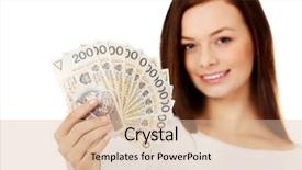  Presentation with cash - Colorful slide set enhanced with happy young lady holding cash-polish zloty backdrop and a lemonade colored foreground