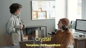  Presentation with stock broker - PPT theme having happy-young-male-analyst background and a tawny brown colored foreground