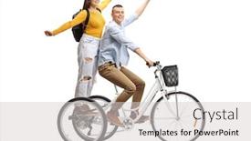  Presentation with female - Slide deck having happy-young-male-and-female background and a light gray colored foreground