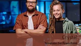  Presentation with front office - Presentation with happy-young-male-and-female background and a tawny brown colored foreground