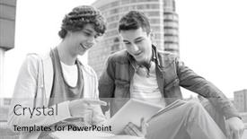  Presentation with college students - Beautiful presentation theme featuring happy young male college students using digital tablet against building backdrop and a light gray colored foreground