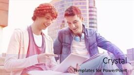  Presentation with college-students - Slide set having happy young male college students using digital tablet against building background and a light blue colored foreground