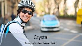  Presentation with cyclist - Presentation design enhanced with happy young male cyclist outdoors background and a light blue colored foreground