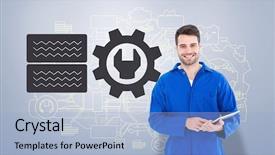  Presentation with mechanic tablet - Slide deck having happy young male mechanic using digital tablet against grey vignette background and a light blue colored foreground
