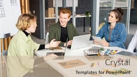  Presentation with developer - Cool new slide set with happy-young-male-mobile-app backdrop and a soft green colored foreground