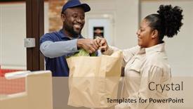  Presentation with products supermarket - Slide deck enhanced with happy-young-male-staff background and a coral colored foreground