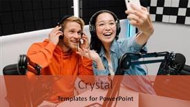  Presentation with broadcasting - Theme having happy-young-man-and-woman background and a red colored foreground