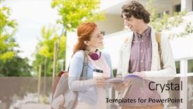  Presentation with college campus - Theme consisting of happy young man and woman studying together at college campus background and a coral colored foreground