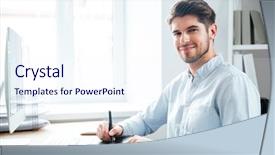 Presentation with graphic - PPT layouts with happy young man designer sitting and using graphic tablet at workplace background and a sky blue colored foreground