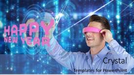  Presentation with virtual - Beautiful presentation theme featuring happy young man gesturing while using virtual reality headset against glowing blue background backdrop and a teal colored foreground