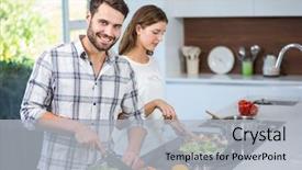  Presentation with helping man - Slide set featuring happy young man helping woman background and a  colored foreground