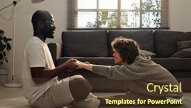  Presentation with helping hands - Presentation design with happy-young-man-helping background and a tawny brown colored foreground