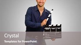  Presentation with clapboard - PPT theme having happy young man holding clapboard background and a gray colored foreground