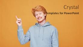  Presentation with upwards - Presentation design featuring happy-young-man-in-blue background and a gold colored foreground