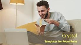  Presentation with grey - Audience pleasing slides consisting of happy-young-man-in-grey backdrop and a coral colored foreground