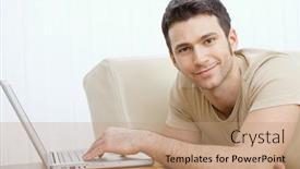  Presentation with computer - Beautiful slide deck featuring happy young man laying on sofa at home using laptop computer smiling backdrop and a coral colored foreground