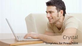  Presentation with computer - Presentation having happy young man laying on sofa at home using laptop computer smiling background and a coral colored foreground