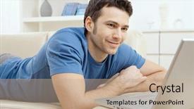  Presentation with mail - PPT theme featuring happy young man laying background and a coral colored foreground