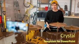  Presentation with smartphone - Beautiful presentation theme featuring happy-young-man-looking backdrop and a tawny brown colored foreground