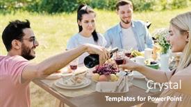  Presentation with bottle red wine - Presentation design consisting of happy-young-man-pouring-red background and a coral colored foreground