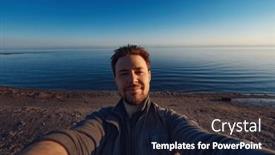  Presentation with lake front - PPT theme featuring happy-young-man-selfie background and a wine colored foreground