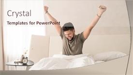  Presentation with stretching - Colorful PPT layouts enhanced with happy-young-man-stretching backdrop and a sky blue colored foreground