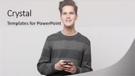  Presentation with sms - Colorful presentation design enhanced with happy young man typing sms backdrop and a light gray colored foreground