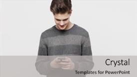 Presentation with sms - PPT theme with happy young man typing sms background and a light gray colored foreground