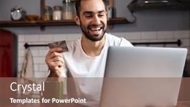  Presentation with credit card - Cool new PPT theme with happy young man using laptop computer while sitting at the kitchen table showing credit card backdrop and a violet colored foreground