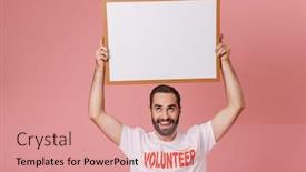  Presentation with pink white - Slide set featuring happy young man volunteer standing isolated over pink background showing blank white board background and a coral colored foreground