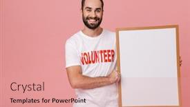  Presentation with pink white - Cool new slide deck with happy young man volunteer standing isolated over pink background showing blank white board backdrop and a coral colored foreground