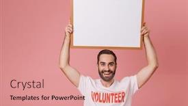 Presentation with pink white - Amazing slide set having happy young man volunteer standing isolated over pink background showing blank white board backdrop and a coral colored foreground