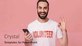  Presentation with man holding phone - Colorful presentation design enhanced with happy young man volunteer standing isolated over pink background holding mobile phone showing ok gesture backdrop and a lemonade colored foreground