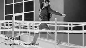  Presentation with school building - Slide deck featuring happy young man with backpack against a school building background and a light gray colored foreground