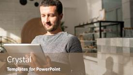  Presentation with scrolling - Presentation theme featuring happy young man with mobile gadget standing in sunlit room or cafe while scrolling through online stuff background and a coral colored foreground