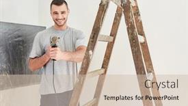  Presentation with renovation - Colorful slide set enhanced with happy-young-man backdrop and a soft green colored foreground