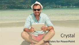  Presentation with ipad - Colorful presentation design enhanced with happy young man on the beach holding ipad while sittings legs crossed wearing sunglasses and hat backdrop and a soft green colored foreground