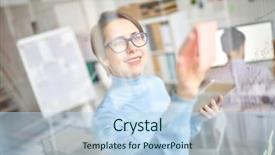  Presentation with notepaper - PPT theme enhanced with happy young manager sticking notepaper background and a light blue colored foreground