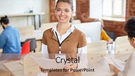  Presentation with paperwork - Colorful slides enhanced with happy young manager with paperwork backdrop and a  colored foreground