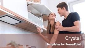  Presentation with married - Theme enhanced with happy young married couple standing in their kitchen in the morning background and a violet colored foreground