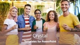  Presentation with toasting - Audience pleasing theme consisting of happy young men and women in casualwear looking at you before toasting backdrop and a coral colored foreground